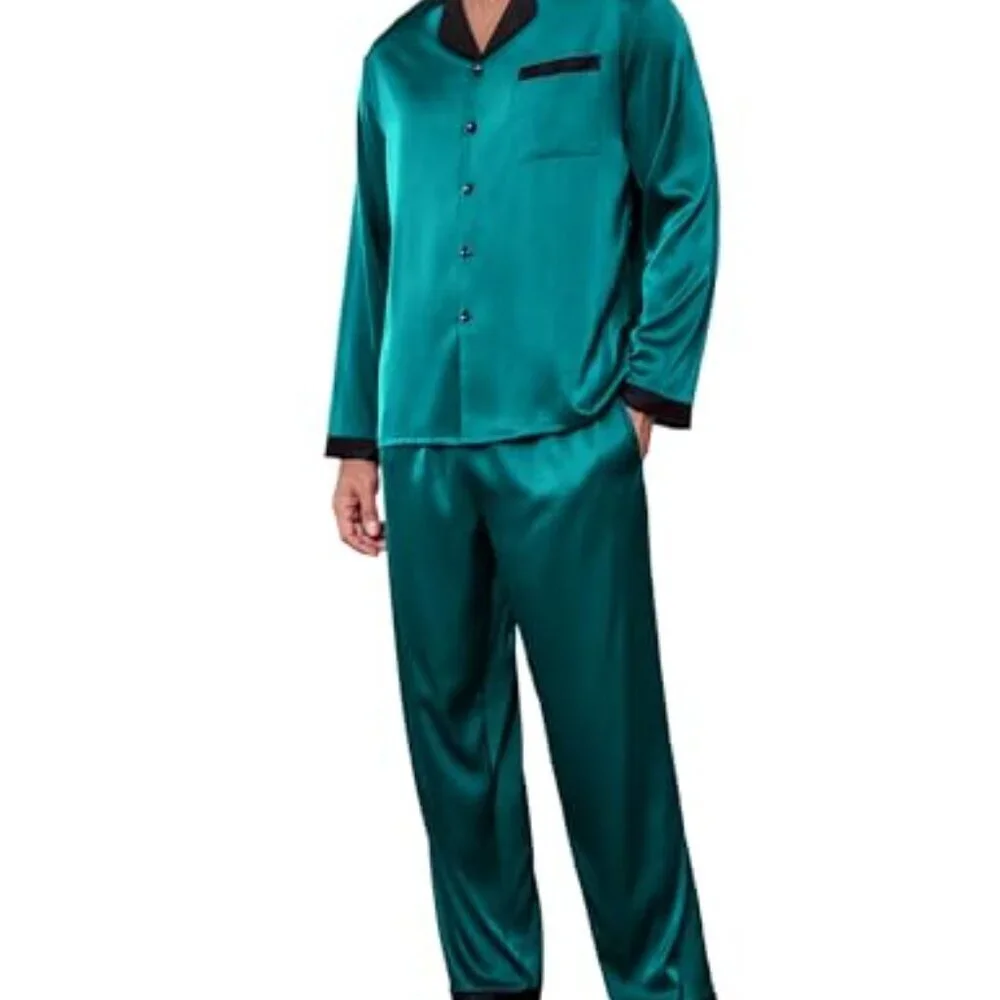 Men's Silk Pajama Set Classic Button Down Sleepwear Satin Loungewear